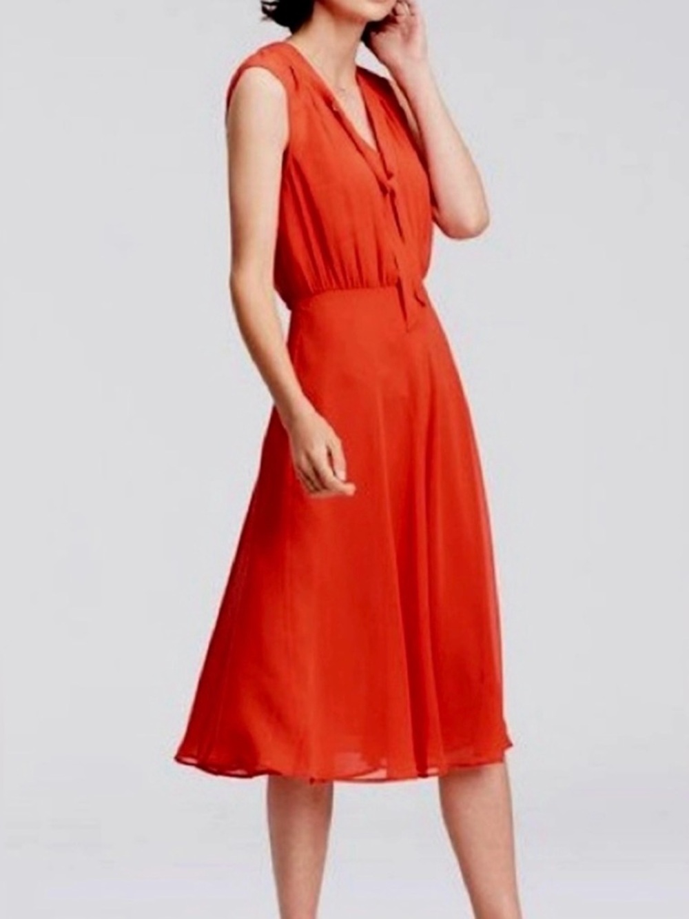 Ann Taylor Coral Shirred Mandarin Collar Tie Neck Shirred Waist Chiffon Dress 6